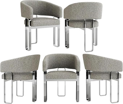 Grey Barrel Armchair, Boucle Dining Room Chairs, Modern Dining Chairs with Curved Backrest and Polished Chrome U-Shaped Legs, Set of 5