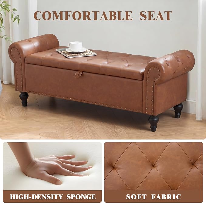 51" Storage Bench for Bedroom, Upholstered Ottoman Bench, Leather Brown | End of Bed Bench for Bedroom, Window Benches for Living Room, Entryway, Ottoman with Large Storage Space, Pet Friendly