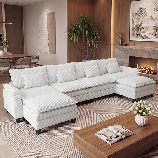 URRED Oversized Modular Sectional Sofa, 157" U Shaped Modern Comfy Cloud Couch with Movable Ottoman & Pillows, Deep Seat Couches for Living Room, Bedroom or Apartment (Corduroy Beige, 157" U Shaped)