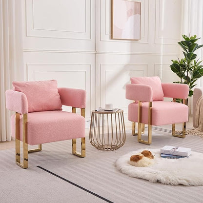 YISHENG Modern Barrel Accent Chairs Set of 2, Living Room Side Chairs with Golden Metal Legs Soft Upholstered Reading Armchairs no Wheels for Vanity/Reception Room/Bedroom/Lounge/Office,（Pink Teddy）
