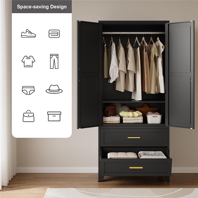 QINPTWUT 71" Tall Metal Wardrobe with Doors, Hanging Rod & Adjustable Shelf, Freestanding Steel Armoire for Bedroom Home Office, 2-Drawer Black