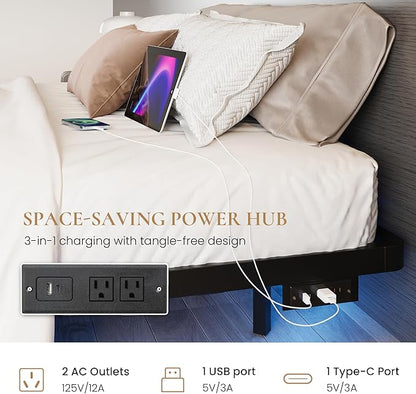 SHA CERLIN Queen Size Floating Bed Frame with Smart LED Lights, Black | Modern Design Metal Platform Bed with Power Strip, No Box Spring Needed, Noise-Free, Easy Assembly