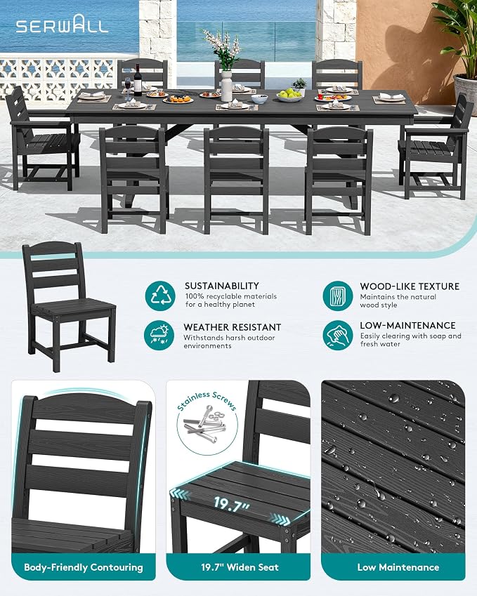 SERWALL 10 Piece 84" HDPE Outdoor Dining Set for 8 with 6 Armless Chair, 2 Armchairs and Umbrella, Black