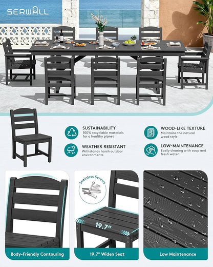 SERWALL 9 Piece 84" HDPE Outdoor Dining Set with 6 Armless Chairs, 2 Armchairs and Umbrella Hole for 8, Black