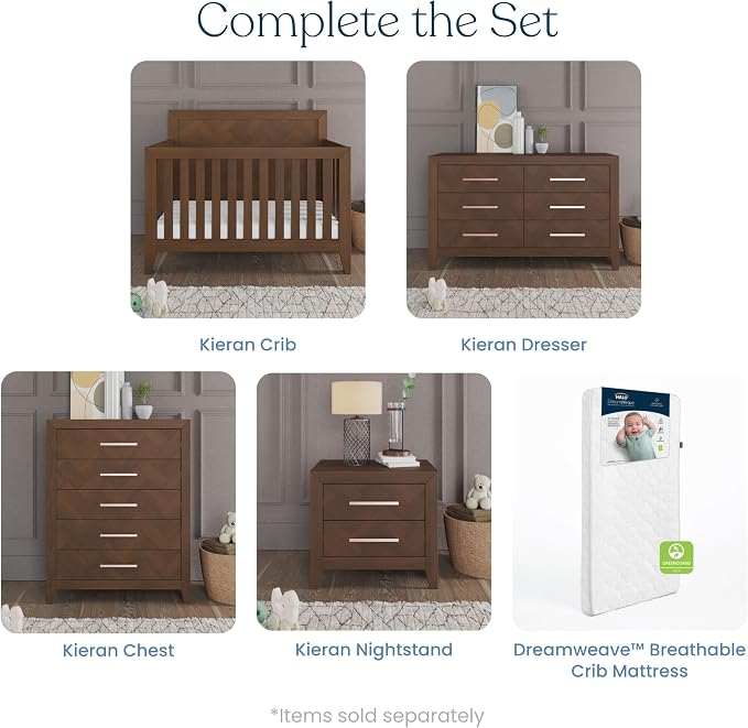 Child Craft Kieran 4-in-1 Convertible Baby Crib, Wooden Nursery Furniture Converts to Toddler Bed Daybed & Full-Size Bed, Adjustable Mattress Heights, Non-Toxic Baby Safe Finish, Toasted Chestnut
