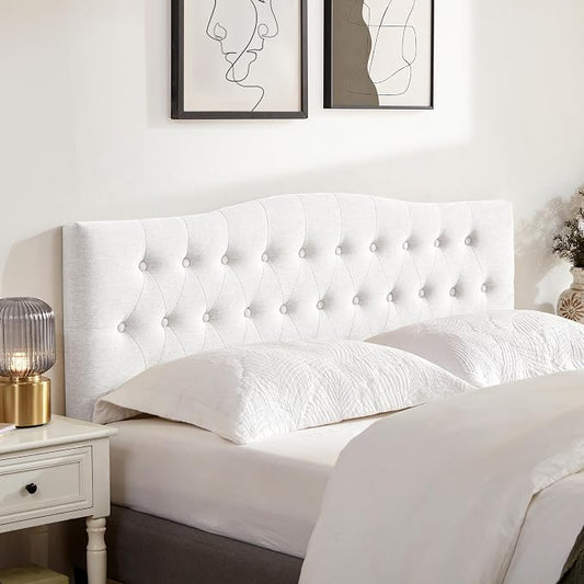 Tufted Headboard California King Size, Sturdy Solid Wood Head Board, White | Upholstered California King Headboard with Solid Wood Legs, Adjustable Height 37-51 in, Fabric Button Diamond HeadBoards