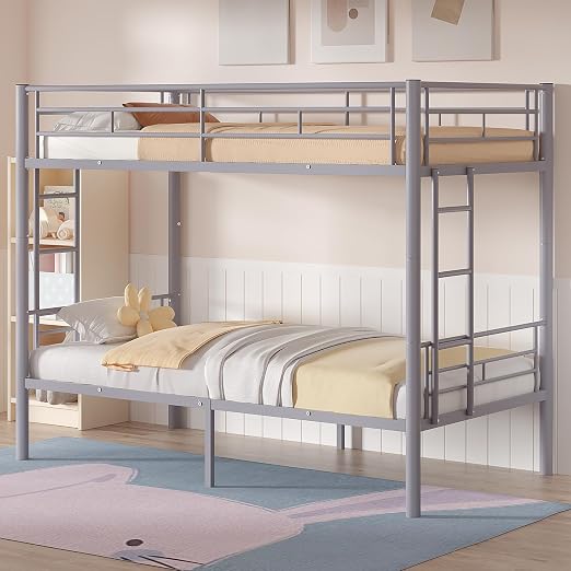 VECELO Metal Bunk Bed Twin Over Twin, Industrial Bunkbeds with Ladder and Full-Length Guardrail, Noise Free, No Boxing Spring Needed, Grey