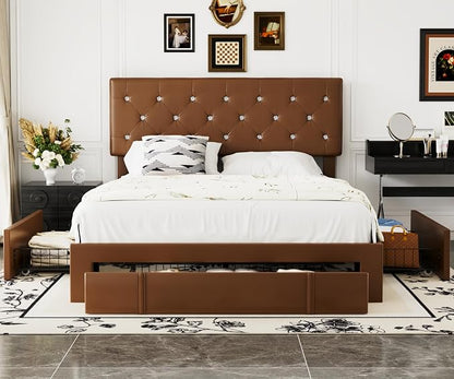 VECELO Queen Size Bed Frame with 3 Storage Drawers, Leather Upholstered with Diamond Tufted Headboard, Solid Wood Slat Support & Steel Framework, PU & Brown