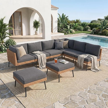 Aoxun 8-Piece Patio Furniture Set, Wicker Outdoor Furniture with Water Resistant Thick Cushions, Patio Conversation Set Outdoor Sectional Sofa with Coffee Table for Backyard Poolside, Black