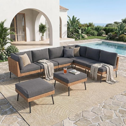 Aoxun 8-Piece Patio Furniture Set, Wicker Outdoor Furniture with Water Resistant Thick Cushions, Patio Conversation Set Outdoor Sectional Sofa with Coffee Table for Backyard Poolside, Black