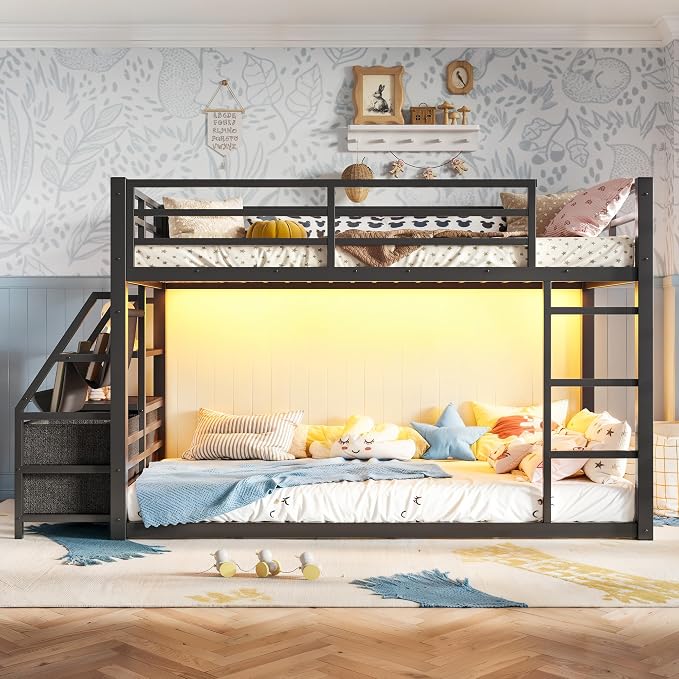 Bellemave Twin Over Twin Bunk Bed with Storage Shelves & 4 Drawers,Heavy Duty Metal Bunk Bed for Teens with LED Lights, Low Bunk Beds for Kids with Guardrails & Ladder, No Box Spring Needed, Black