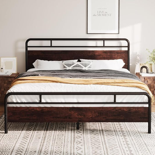 Allewie King Size Platform Bed Frame with Wooden Headboard and Footboard, Heavy Duty 13 Metal Slats Support, Under-Bed Storage, No Box Spring Needed, Noise Free, Easy Assembly, Mahogany