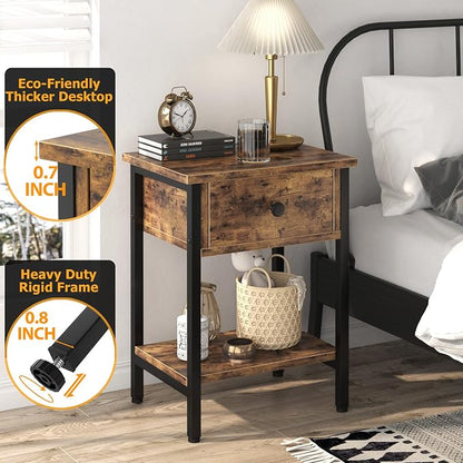 Nightstands Set of 2 with Wood Drawers, Bedside Table Set of 2 with Storage Shelf, Heavy Duty End Side Table for Bedroom Living Room Bedroom Small Space Sofa Couch, Wooden Metal Night Stand, Black