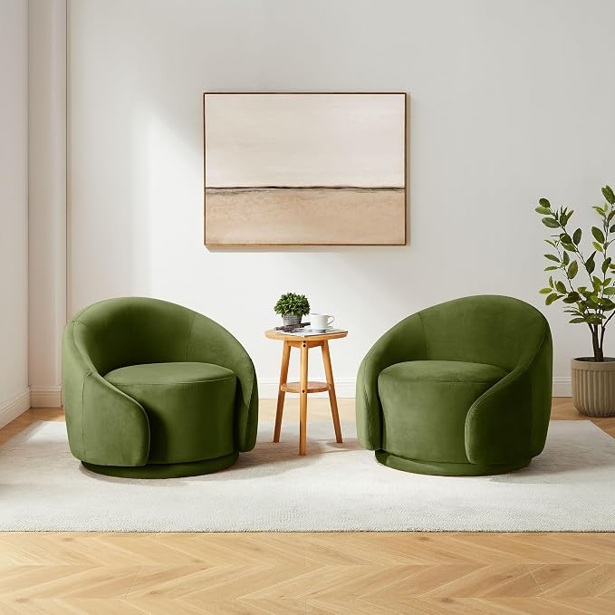 VANOMi Swivel Accent Chairs for Living Room, 34" Swivel Barrel Chair Oversized Armchairs Modern Velvet Reading Chairs for Bedroom, Corner, Apartment, Olive Green