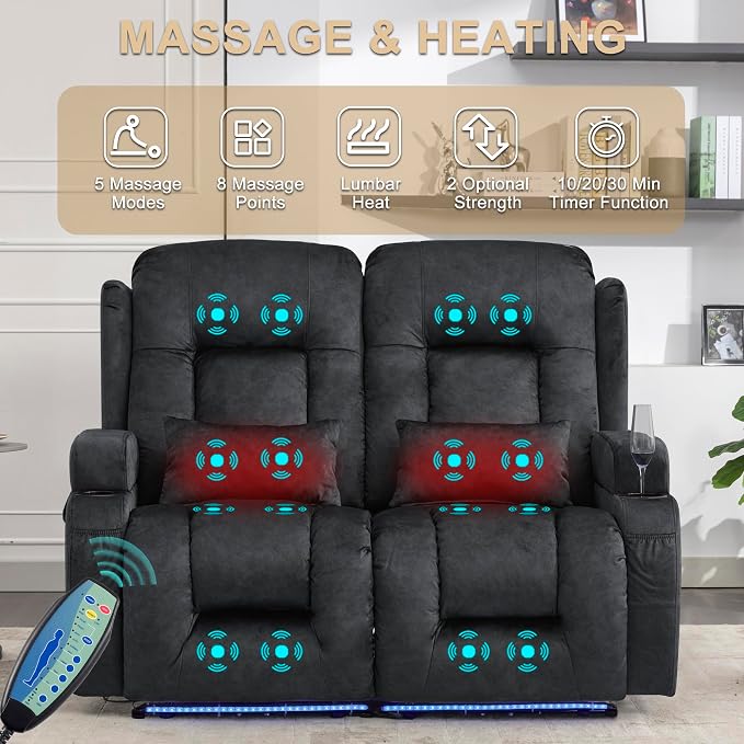 URRED Power Loveseat Recliner Sofa with Massage and Heat, Wall Hugger Reclining Loveseat, RV Couch Home Theater Seating with LED Lights for Living Room (Dark Grey, 54" - 2 Seats)