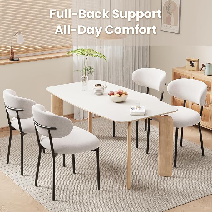Upholstered Dining Chairs Set of 6, Modern Fabric Kitchen Chairs with Curved Backrest and Cushioned Seat, Sturdy Metal Legs, Modern Dining Chairs for Kitchen Dining Room, Living Room,Beige