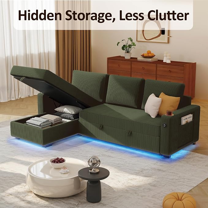 Ball & Cast 80" Sectional Sleeper Sofa Bed Pull Out Couches for Living Room | L Shaped Convertible Pull Out Sofa Bed with Storage Chaise, LED Lights, Foldable Table, USB Ports, Cup Holder and Side Pocket