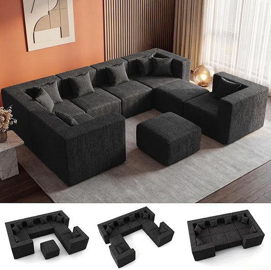 MONVANE Modular Sectional Sofa, Oversized 8 Seat Convertible U Shaped Couch with Ottoman, Comfy Chenille Cloud Couch with Deep Seat, Sectional Couches for Living Room, No Assembly Required, Black
