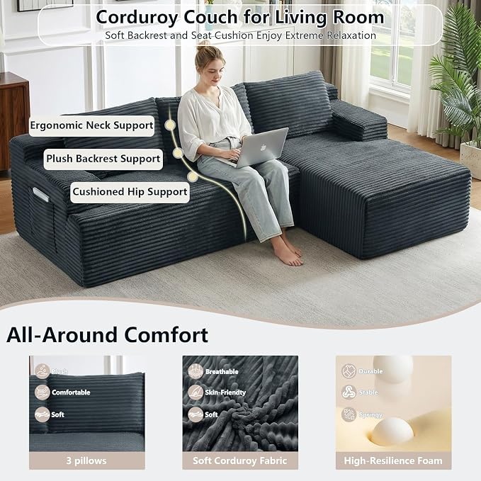 96" Cloud Sectional Couch with L-Shape Chaise, Modular Comfy Sofa Chaise Longue, Upholstered Corduroy Couches Sleeper with Deep Seat for Living Room Bedroom, No Assembly Required(Grey, Right Facing)