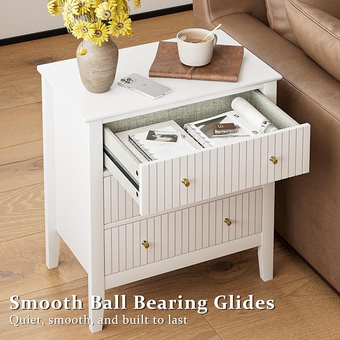 Night Stand, Fluted 3 Drawer Wide Farmhouse Nightstand with Gold Handle, Modern Wooden Bedside End Table for Bedroom, Living Room, White