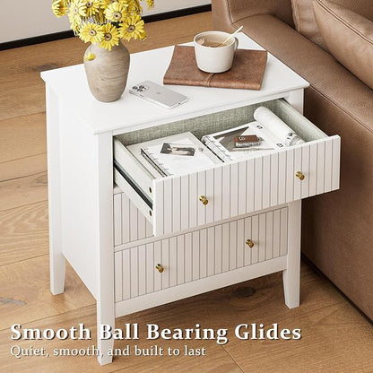 Night Stand, Fluted 3 Drawer Wide Farmhouse Nightstand with Gold Handle, Modern Wooden Bedside End Table for Bedroom, Living Room, White