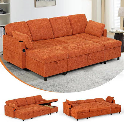 110 Inch Sleeper Sofa Bed w/7 Angles Adjustable Backrests, Chenille sectional Sofa Bed w/USB Port, Convertible U-Shaped Couch Bed w/Storage Chaise & Thicker Cushions for Living Room, Orange
