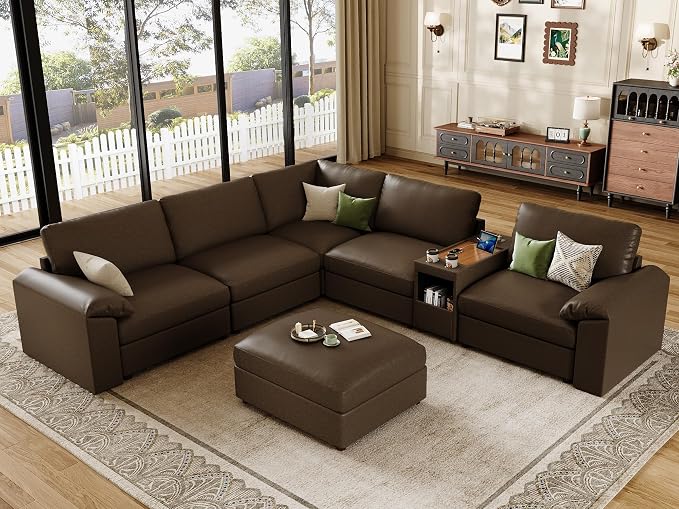 EASE MOOSE Oversized Corner Modular Sectional Sofa with Ottoman and Console,Faux Leather Sectional Sofa with Deep Seat,Scratch Resistant Faux Leather Material,Extra Large L Shaped Couch,Deep Brown