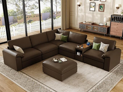 EASE MOOSE Oversized Corner Modular Sectional Sofa with Ottoman and Console,Faux Leather Sectional Sofa with Deep Seat,Scratch Resistant Faux Leather Material,Extra Large L Shaped Couch,Deep Brown