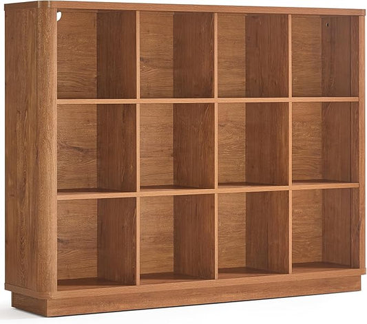 Joaxswe 12 Cube Storage Organizer, 41" Wide Large Bookshelf with Curved Edge, Wood Floor Standing 3-Tier Cubby Bookcase w/Base, Rustic Display Storage Cabinet, Book Case for Home Office, Brown