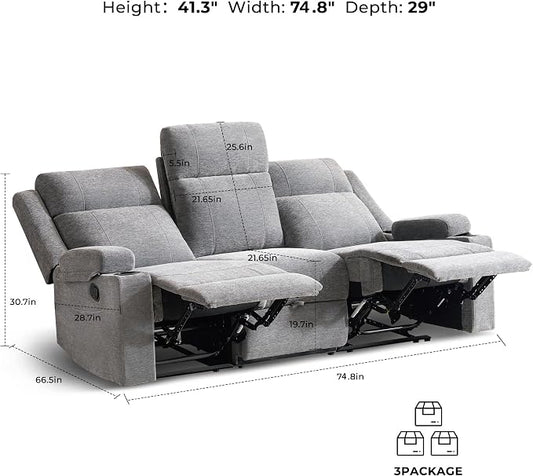 GUEAPY Large Manual Reclining Sofa – 3-Seater Chenille Reclining Couch with Cup Holders, Wide Seat, Easy Assembly & Spill-Resistant Fabric – Cozy Reclining Sofa for Living Room, Apartment, RV