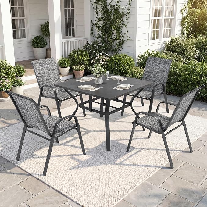 Outdoor Dining Set for 4,5pcs Patio Table and Chairs Set with Adjustable Umbrella Hole,37.8”x37.8” Square Metal Outdoor Table and Stackable Patio Chair for Yard, Garden, Porch