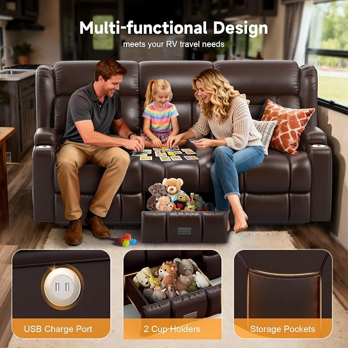 Loveseat Recliner Sofa with Flip Backrest Design, 3 Seat RV Recliner Sofa with USB Ports & Pockets, Wall Hugger Reclining Loveseat with Cup Holders & Drawer, RV Couch for Home Theater Seating