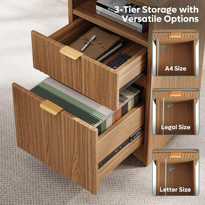 Bestier L Shaped Desk with File Drawer, 55.7" x 55" Office Computer Desk with Round Corners, Modern Desk with Monitor Stand & Fluted Panels for Home Office, Brown Oak