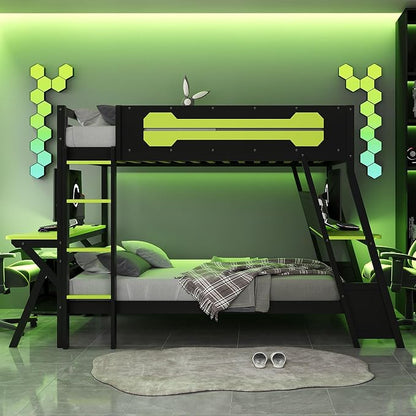 Merax Wooden Full Over Full Bunk Bed with 2 Side Desks, USB Desktop Ports and Pegboard Organizer, Gaming Bunk Bed for Gamer, Kids or Teens, No Box Spring Needed, Green