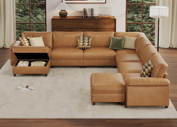 SITJOY Large Cloud Couch, 138" Wide 7 Seater V Shape, Faux Leather in Brown | Pet-Friendly Scratch-Resistant Leather Sectional Sofas for Living Room, Deep Seat Wide Couch with Chaise, Storage Ottoman