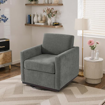 360° Swivel Accent Chair, 31" Wide Upholstered Club Armchairs for Living Room, Comfy Square Swivel Barrel Chair with Metal Base, Chenille Fabric, Dark Gray
