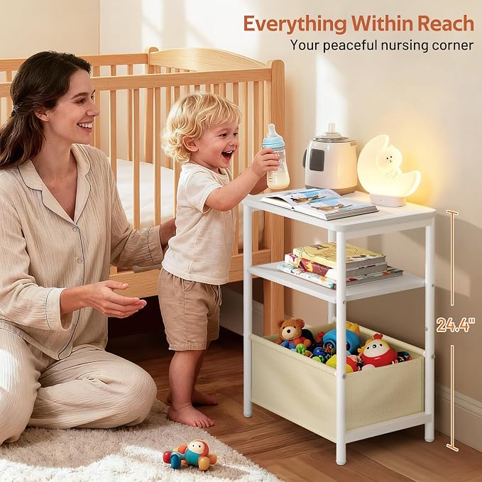 MISSLO Toddler Nightstand with Storage Basket Kids Night Stand with Large Tabletop Nursery Side Table for Living Room Easy Assembly Small End Tables for Small Spaces Toddler Bedroom Decor, White
