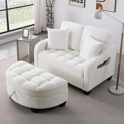 ERYE Chenille Tufted Loveseat Sofa and Ottoman Set, Tufted Recliner Sleeper Chaise Lounge with Curved Storage Ottoman,Reclining Backrest and Side Pockets, 4 Pillows