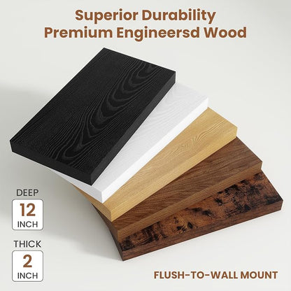 Vivelove 12" Deep Floating Shelves with Invisible Brackets, 72" Wall Shelves for Bathroom Bedroom Kitchen Living Room Laundry Room, Modern Rustic Shelves for Home Decor, 72"x12"x2", Set of 1, Oak