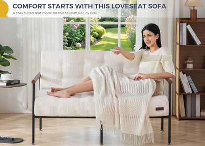 MAXYOYO Living Room Accent Chair, Loveseat Sofa Chair with Sturdy Metal Frame & Wood Armrests, Button Tufted Upholstered Small Couch Modern Love Seat for Bedroom Office, Beige