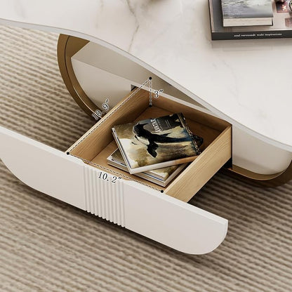 41.7 Inch Marble Coffee Table with Storage Drawer, Modern Butterfly Design, Sintered Stone Top and Gold Stainless Steel Base for Living Room, Scratch Resistant and Easy Assembly