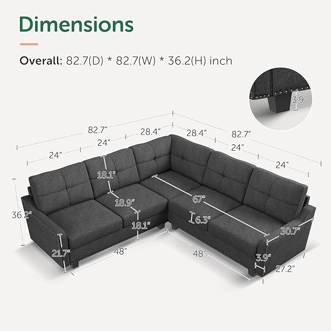 HONBAY Convertible Sectional Sofa L Shaped Couch for Small Apartment Reversible Sectional Couches for Living Room,Dark Grey