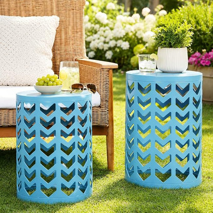 Nesting Side Table Set of 3 Decorative Round Garden Stools for Indoor Outdoor Heavy Duty Metal Frame Side Table Nightstands Modern End Table Plant Stand, Light Blue