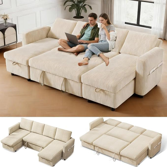 WEUP 106" U Shaped Sectional Sleeper Sofa Bed with Pull Out Bed, Sectional Sleeper Couch Pull Out Couch with Reclining Backrest/Reversible Storage Chaise/USB Ports/Tool-Free Assembly, Corduroy Beige