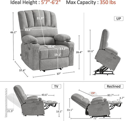 MCombo Large Power Lift Recliner Chair for Elderly, Lift Chair with Heat and Massage, 3 Positions, USB Charge Ports, Cup Holders, Fabric 7099 (Large, Grey)