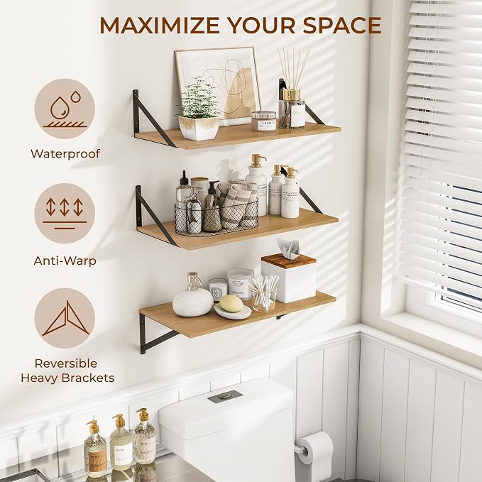 Heimlove 24" W x 12" D Wall Shelves for Books, 12 Inch Deep Floating Shelves Set of 3, Wide Floating Bookshelf with Metal Bracket for Living Room, Kitchen, Office, Bedroom and Decor Storage - Oak
