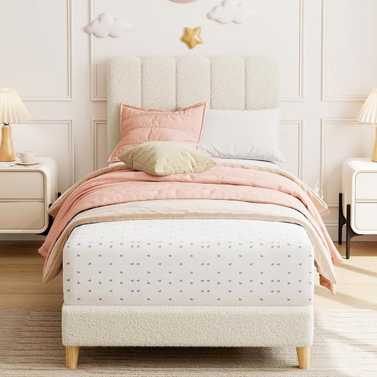 GarveeHome Twin XL Bed Frame, Upholstered Platform Bed with Wave Headboard for Girls/Kids, Easy Assembly, Wooden Slats Support, No Box Spring Needed, Boucle Beige
