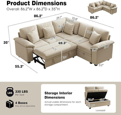 Ihanherry 86" Modular Sectional Sofa with Pull Out Bed, 5-Seater L Shaped Sectional Sleeper Couch with Storage, Chenille Convertible Couches for Living Room, Apartment (Sand)