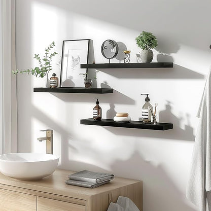 YYWUOJJ Wood Floating Shelves for Wall Decor, Rustic Wall Shelves for Bedroom Bathroom Kitchen Living Room, Set of 4 Black 24 Inch