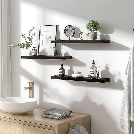 YYWUOJJ Wood Floating Shelves for Wall Decor, Rustic Wall Shelves for Bedroom Bathroom Kitchen Living Room, Set of 4 Black 24 Inch